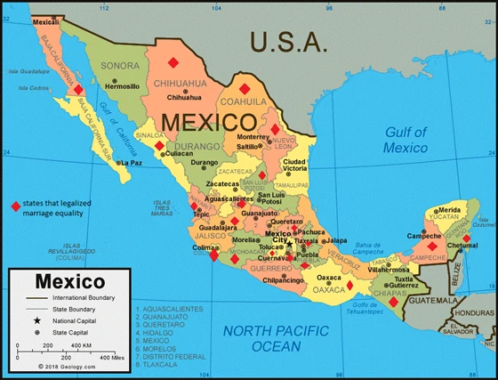 Map of Mexico states that legalized marriage equality.