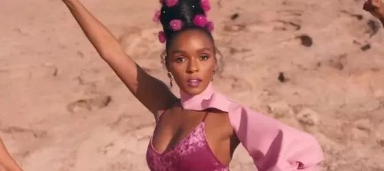 Pansexual non-binary singer and actress Janelle Monáe in music video Pink.
