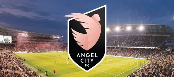 Angel City FC logo with stadium behind.