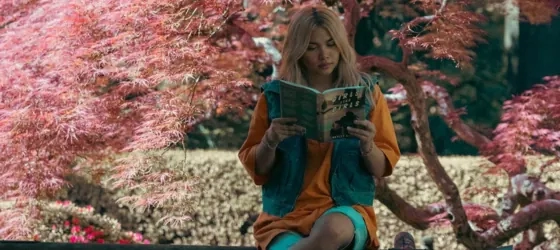 Hayley Kiyoko reading Girls Like Girls novel in a beautiful Japanese garden.