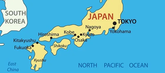 Map showing Fukuoka, Osaka, and Tokyo that recognize same-sex partnerships.