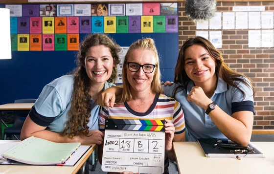Sophie Hawkshaw, Monica Zanetti, and nonbinary actor Zoe Terakes on the set of new lesbian movie Ellie & Abbie (& Ellie’s Dead Aunt).