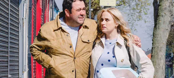 Actor Celyn Jones and Rebel Wilson as Sarah and Joe.