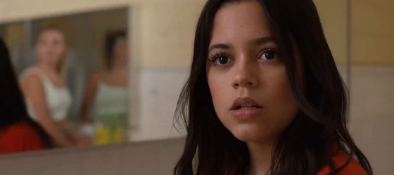 Jenna Ortega playing Vada in the bathroom scene of wlw movie The Fallout.
