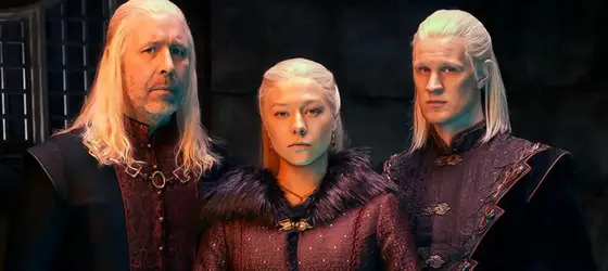 Paddy Considine as King Viserys Targaryen, Emma D'Arcy as Princess Rhaenyra Targaryen, and Matt Smith as Prince Daemon Targaryen.