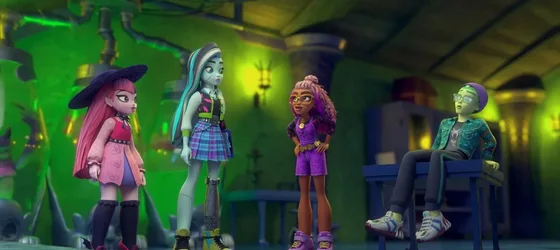 Clawdeen Wolf, Draculaura, Frankie Stein, and Deuce Gorgon in the Monster High show.