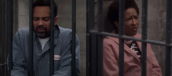 Benny (Mike Epps) and his sister-in-law Lucretia (Wanda Sykes) in jail in The Upshaws season 3.