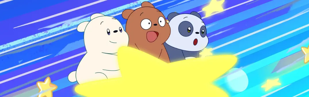 Grizz, Panda, and Ice Bear flying on a star.